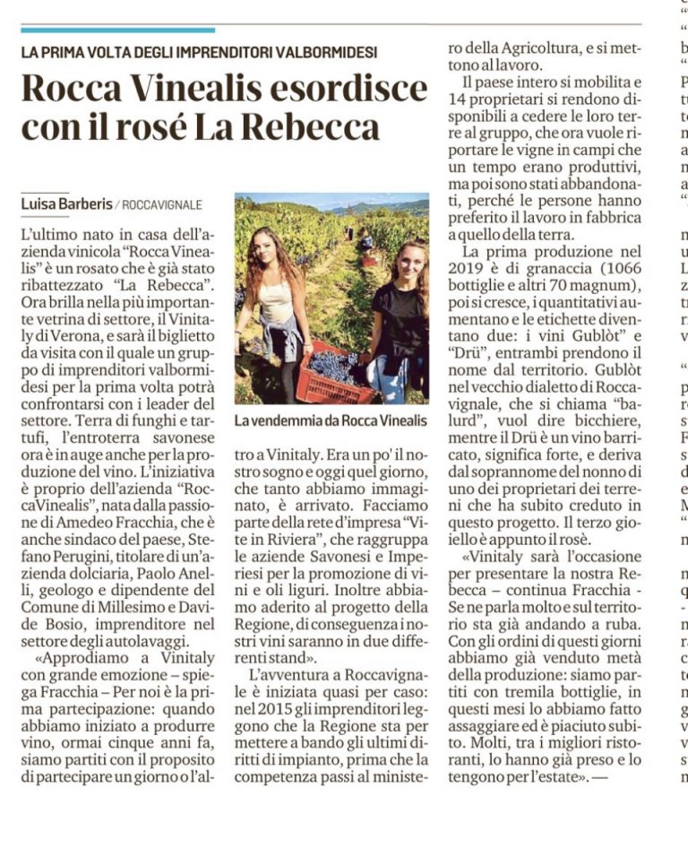 Il Secolo XIX 11 aprile 2022 - Azienda Agricola RoccaVinealis - Roccavignale, Provincia di Savona - Coltivazione di Granaccia - Vino Liguria