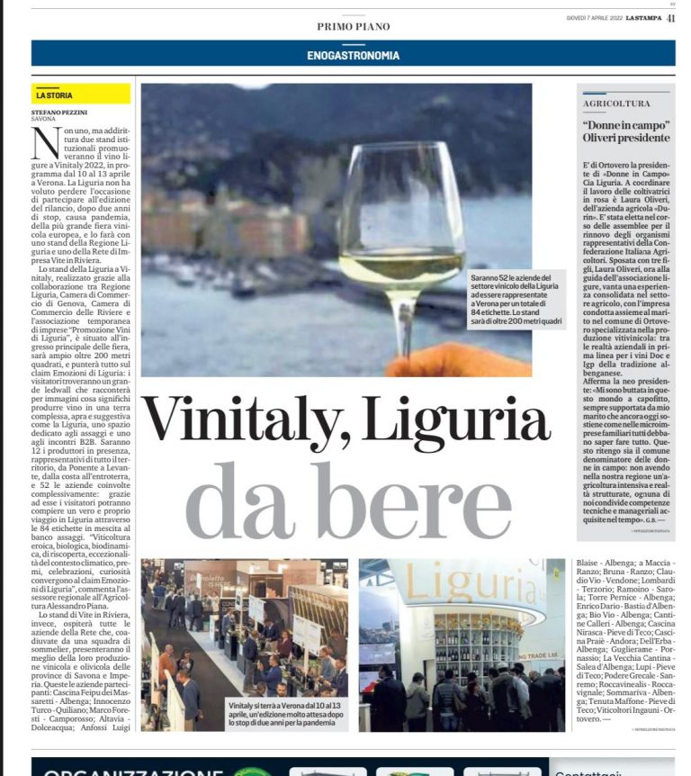 La Stampa 7 aprile 2022 - Azienda Agricola RoccaVinealis - Roccavignale, Provincia di Savona - Coltivazione di Granaccia - Vino Liguria