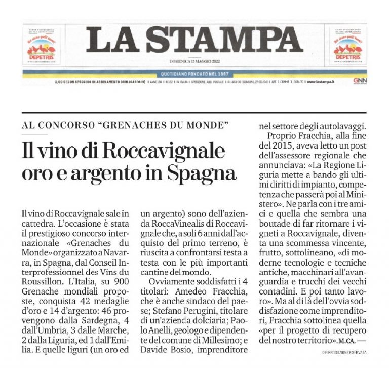 La Stampa 15 Maggio 2022 - Azienda Agricola RoccaVinealis - Roccavignale, Provincia di Savona - Coltivazione di Granaccia - Vino Liguria