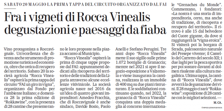 La Stampa 10 Maggio 2023 - Azienda Agricola RoccaVinealis - Roccavignale, Provincia di Savona - Coltivazione di Granaccia - Vino Liguria