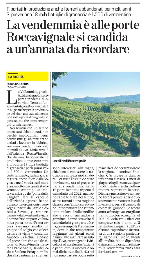 La Stampa 1 Settembre 2023 - Azienda Agricola RoccaVinealis - Roccavignale, Provincia di Savona - Coltivazione di Granaccia - Vino Liguria
