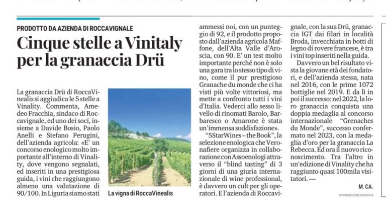 Il Secolo XIX 21 Aprile 2024 - Azienda Agricola RoccaVinealis - Roccavignale, Provincia di Savona - Coltivazione di Granaccia - Vino Liguria