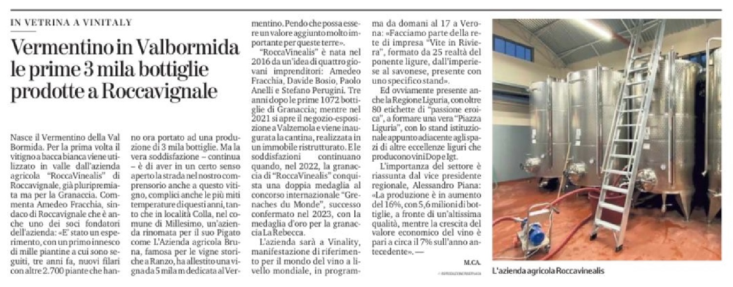 La Stampa 13 Aprile 2024 - Azienda Agricola RoccaVinealis - Roccavignale, Provincia di Savona - Coltivazione di Granaccia - Vino Liguria
